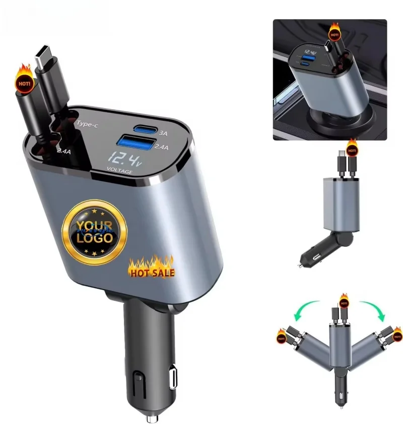 2024 new HY  Retractable Car Charger  100W  120W 4 in 1 Fast Car Phone Charger For Chargeur de voiture Cargador de coche