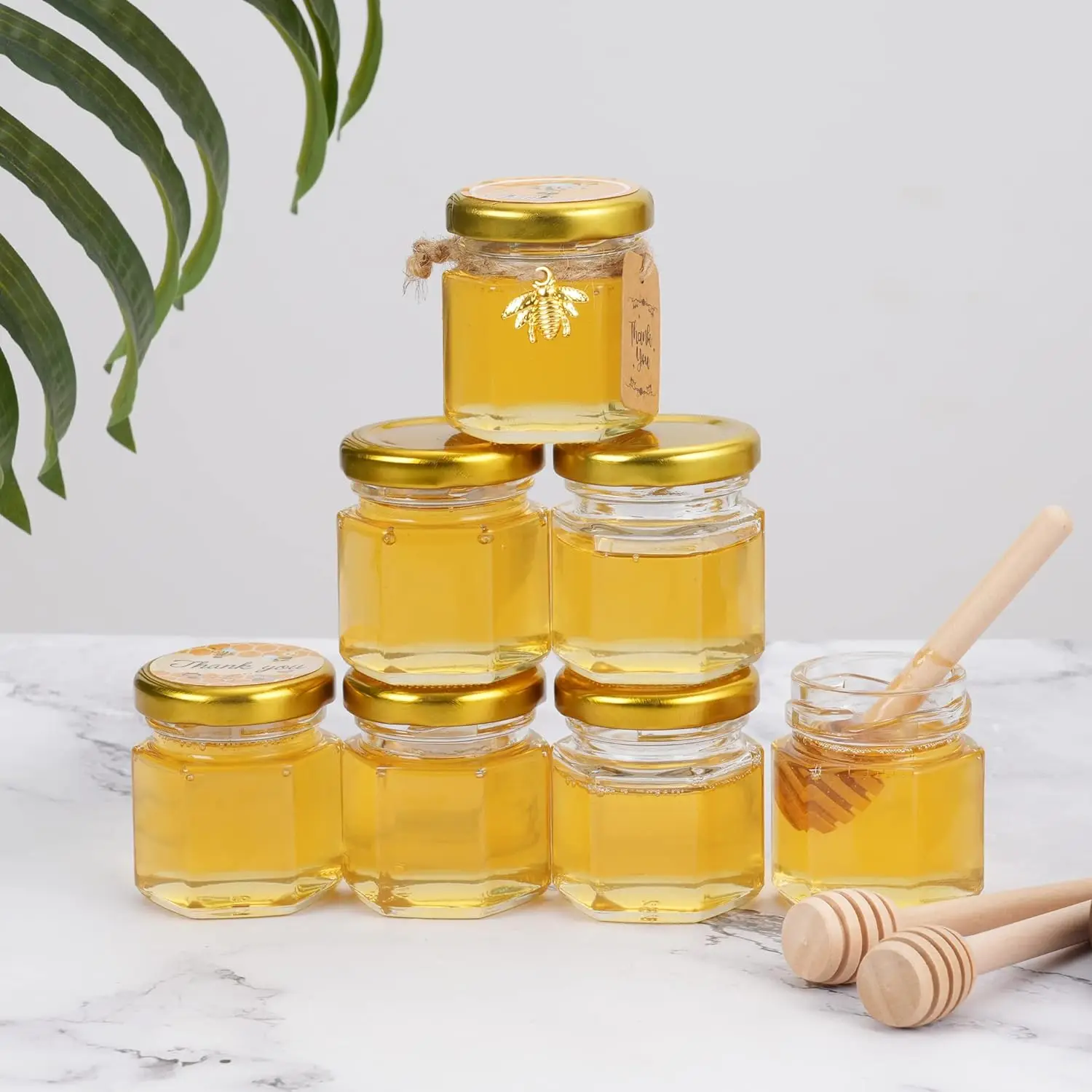 1.5oz Mini Glass Honey Small Jam Jars, Perfect for Wedding Gifts and Party Giftswith Wooden Spoons, Gold Lids,