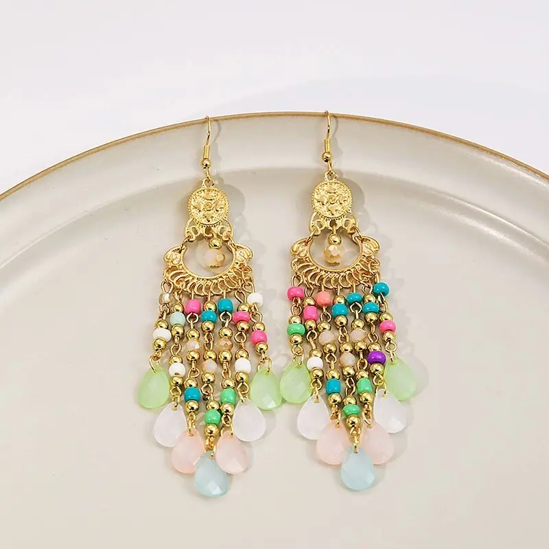 Popular earrings exaggerated retro design bulk in stock colorful water drop ethnic style tassel earrings for women