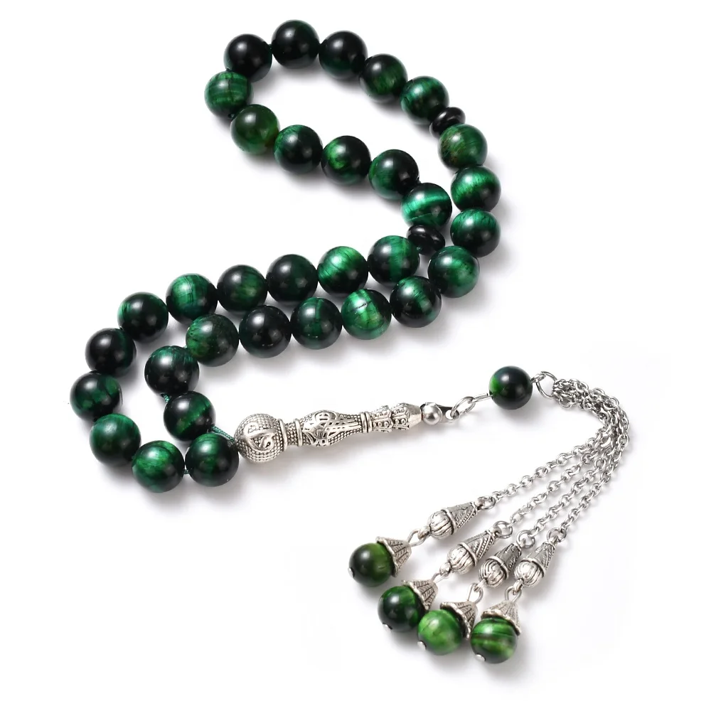 YS387 Gemstone Tiger Eye Islamic Muslim Prayer Beads Tasbih Tasbeeh 33 Beads Natural Green Stone Rosary Islamic Prayer Beads