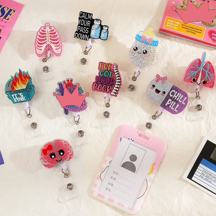 Wholesale Glitter Doctor Nurse ID Card Holder Hot Sale printing logo Acrylic Retractable Reel Badge with Alligator Clip