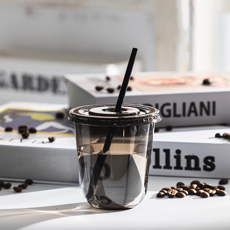 LOKYO Food grade black pet plastic cup cold drink ice coffee smoothie disposable 16oz u shape cup with logo