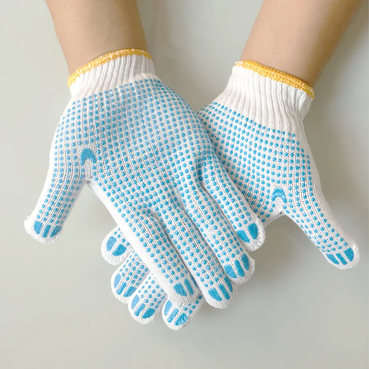 7g cotton knitted with latex finished grey navy blue cotton knit glove with one side dots weaving dots