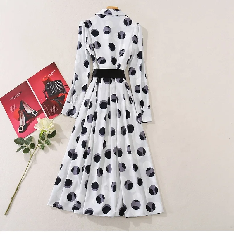Spot Wholesale Summer New Large Polka Dot Printed Shirt Plus Size Skirt Lace Lapel Large Swing Mid-length Casual Dress