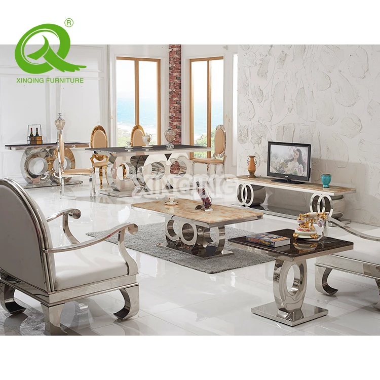 Fashion design stainless steel  base marble top dining table set