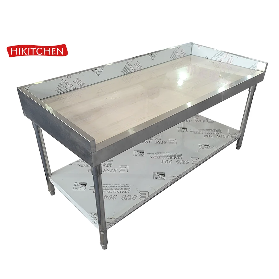 3-Sided Backsplash Hotel Restaurant Furniture Commercial Flat Chef Work bench Kitchen Stainless Steel Work Table