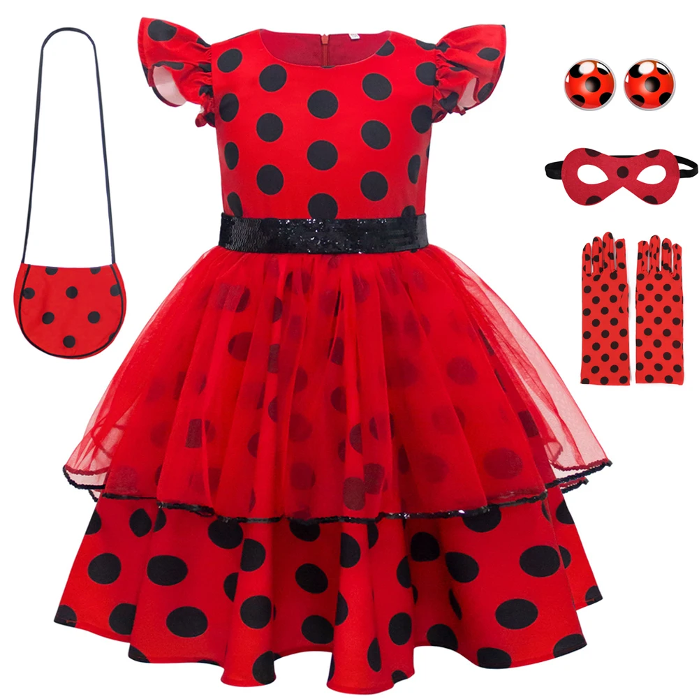Christmas Costume for Girls Polka Dots Dress +Bag Carnival Halloween Birthday Dress Up Pretend Party Role Play for Kids New Year