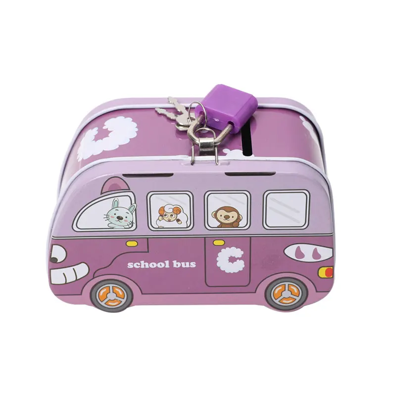 TOPSTHINK Metal bus large lid locked money box coin piggy bank for boys girls