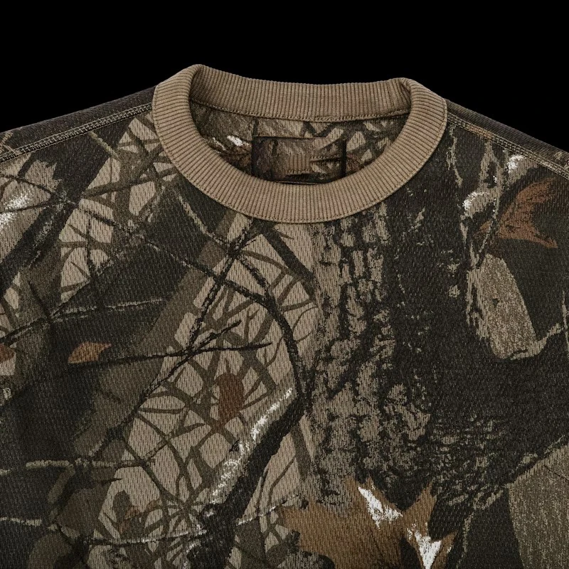 Hunting Camping Dtg Printing Graphic Waffle Knit Camoflouge Crewneck 100% Cotton Real Tree Camo Long Sleeve T-shirts Men