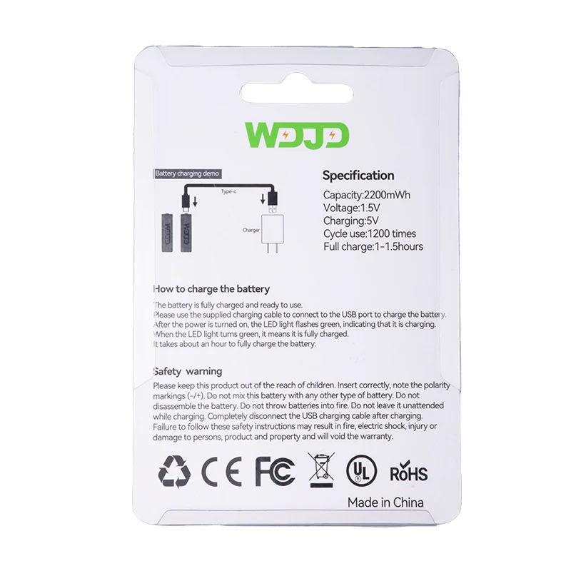 1.5V AA 2200mWh Wholesale Lithium Ion Type C  Batteries USB C Charging Lithium Cell  Batteries