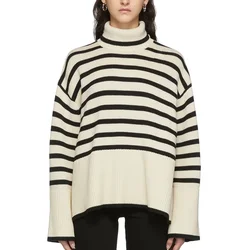Manufacturer flared sleeve white striped sweaters for women patchwork high neck women pullovers long collar lapel women sweater
