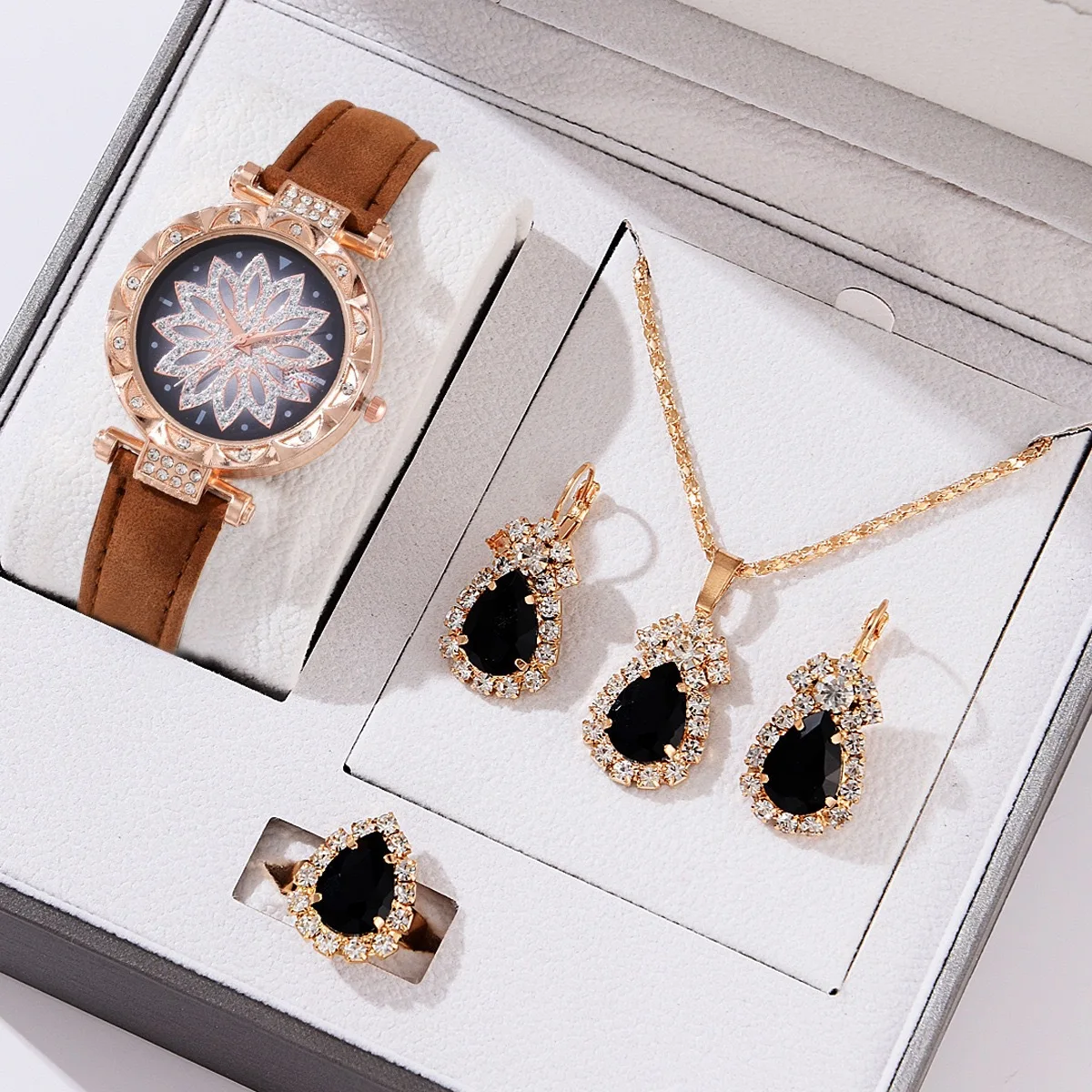 women watch set Hot Selling 4 Pcs Pu Watch Set Colorful Drop Pendants Earrings Bangle Jewelry Set For Women