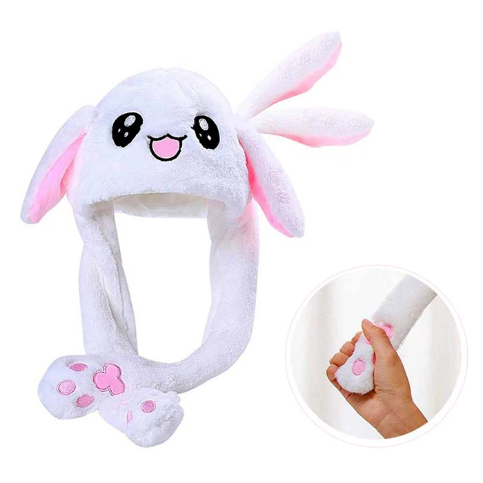 Personalized Girls Cute Plush Rabbit Ear Hat Women Winter Pom Pom Beanie Warm Korea Bunny Hat with Air Pumping And Moving Ears