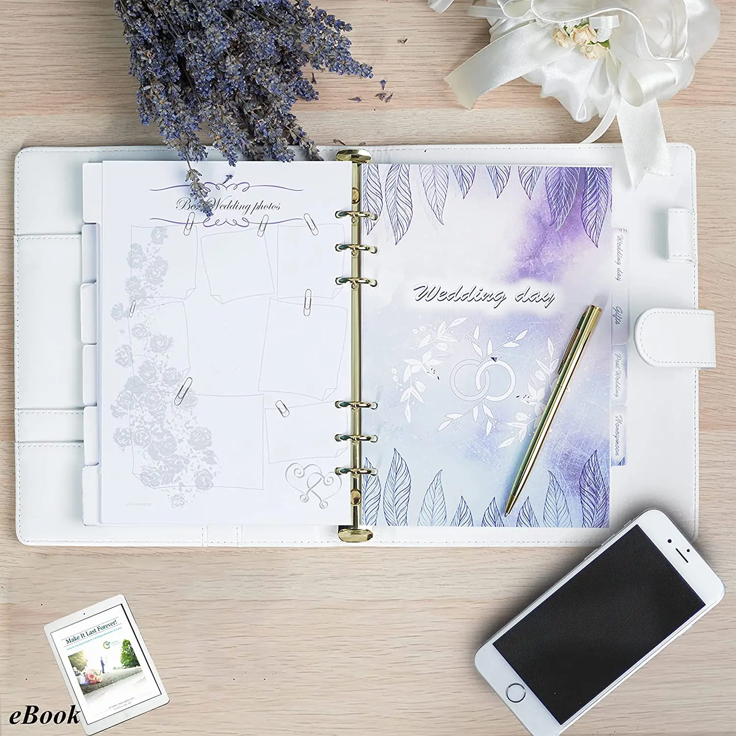 Custom Hardcover Journal Printing Leather Cover 6 Rings Binder Loose Leaf Notebook Wedding Planner Dos Unidades With Pen