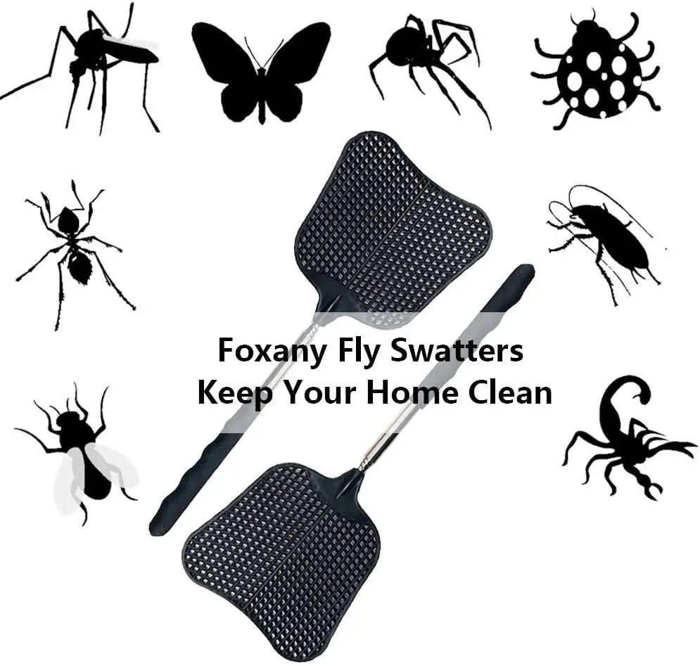 Foxany Telescopic Fly Swatters, Durable Plastic Swatter Heavy Duty Set, swatter with Stainless Steel Handle for Indoor\/Outdoor\