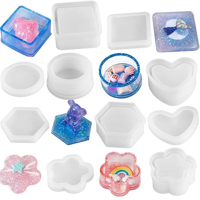 Jewelry Epoxy Mold Sets with Heart Shape Hexagon Square and Flower for Storing Earrings Rings Coins Keys Ashtray Candle Holder