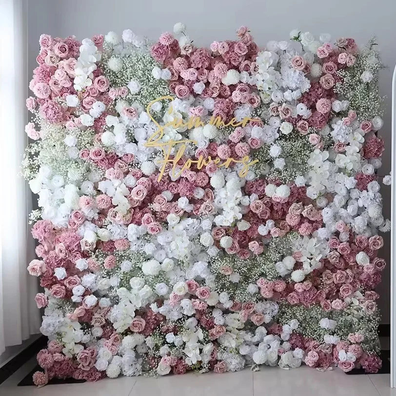 ZHANGJIAJIE SUMMER FLOWER Wholesale Artificial Silk Pink Decoration Roll Up Flower Wall Backdrop