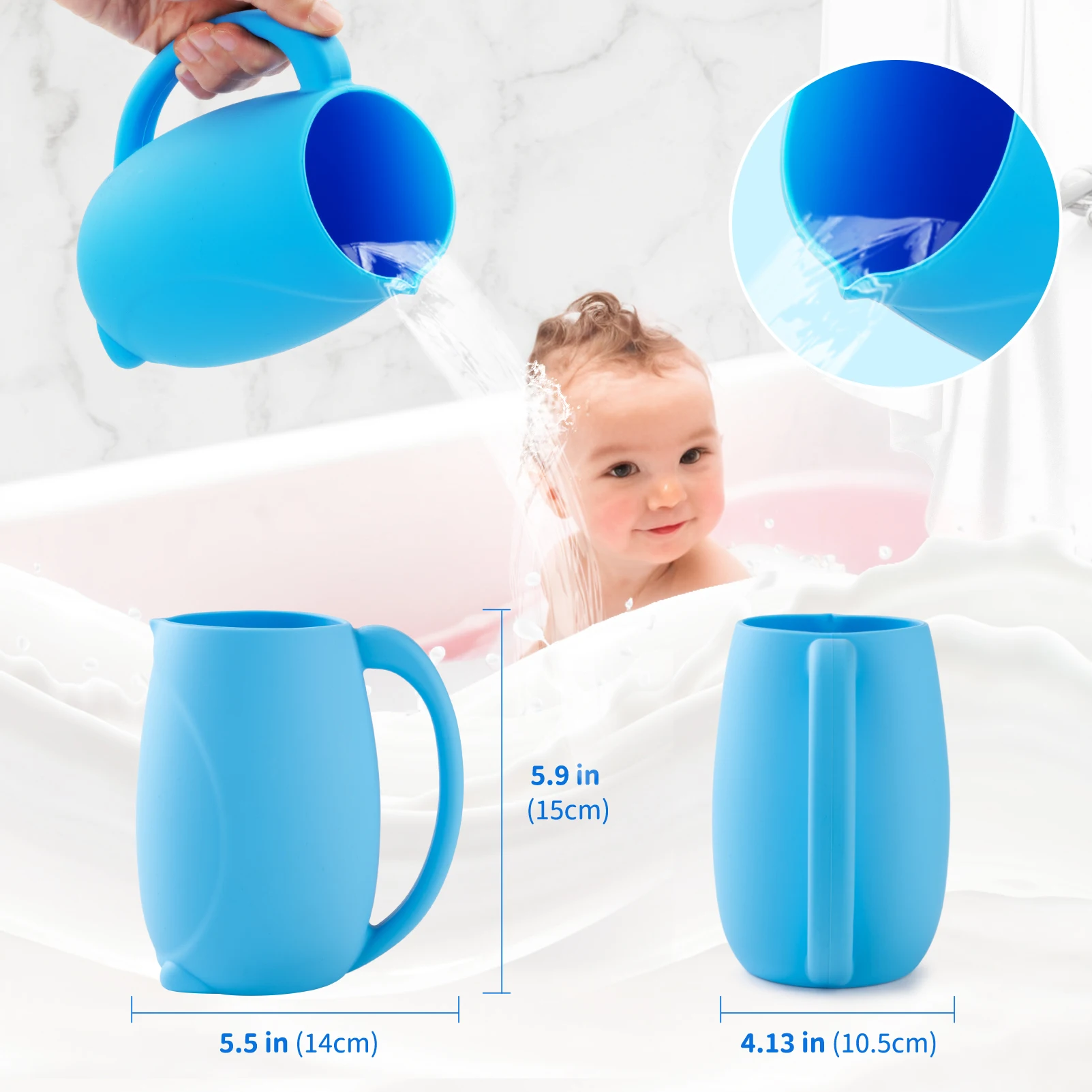Baby Bath Rinse Cup for Rinsing - Shampoo & Body Washing Rinser Cup Bathing Scoop for Infants with Handle(Penguin-Blue)