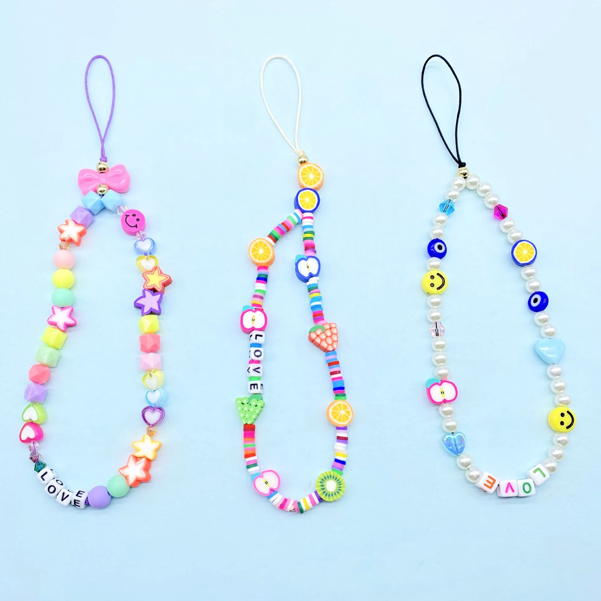 Wholesale Women Phone Chain Custom Colorful Cute Acrylic Star  love Bead Mobile Phone Chains