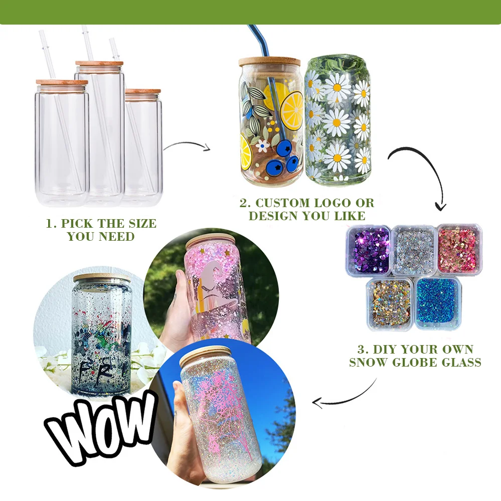 Amazon best selling Double Wall Sublimation Custom Logo Classic Can Glass Snow Globe Mug Cups with Bamboo Lid and Straw Reusable