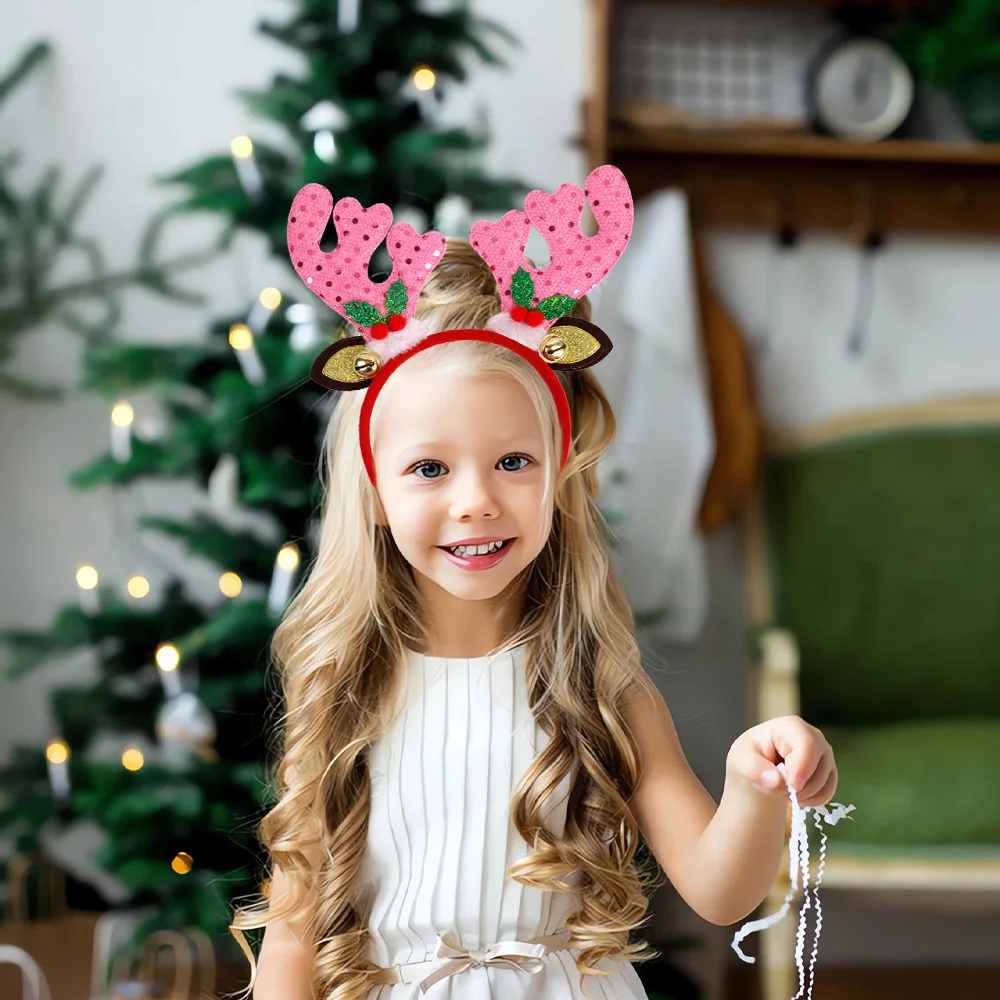 Christmas Headbands Women Girls Elk Antler Glitter Hair Bands Jingle Bells Tiara Headpiece Red Gold