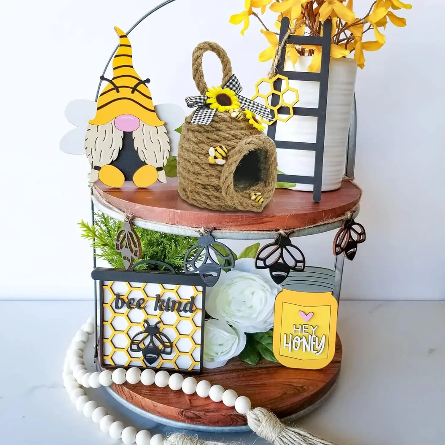 Mini Beehive Farmhouse Bee Tiered Tray Decor Spring Summer Shelf Sitter Coffee Bar Kitchen Table decor