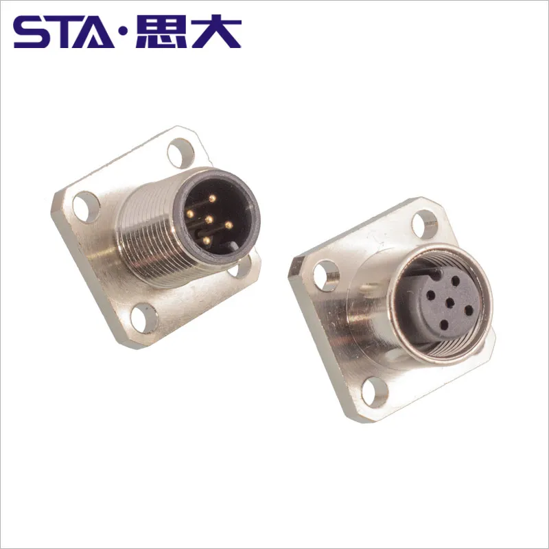M12 signal power connector sensor socket 4 5 6 8 core 12 17pin back rear mounting solder male Square flange M12 panel connector