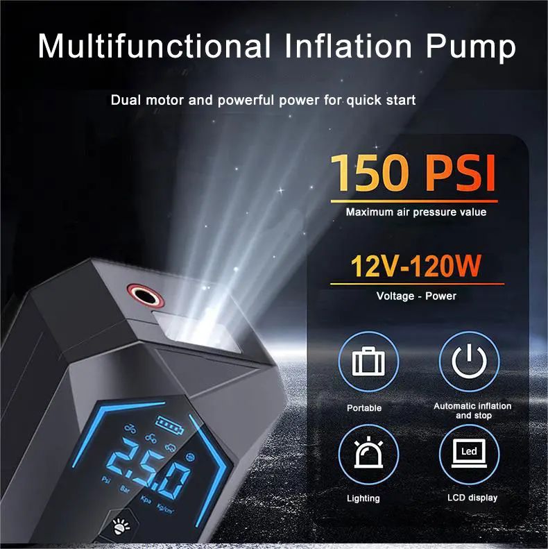 12V Portable Tyre Inflator Mini Rechargeable Cordless 150 PSI Automatic Digital Wireless Electric Car Air Tire Compressor Pump