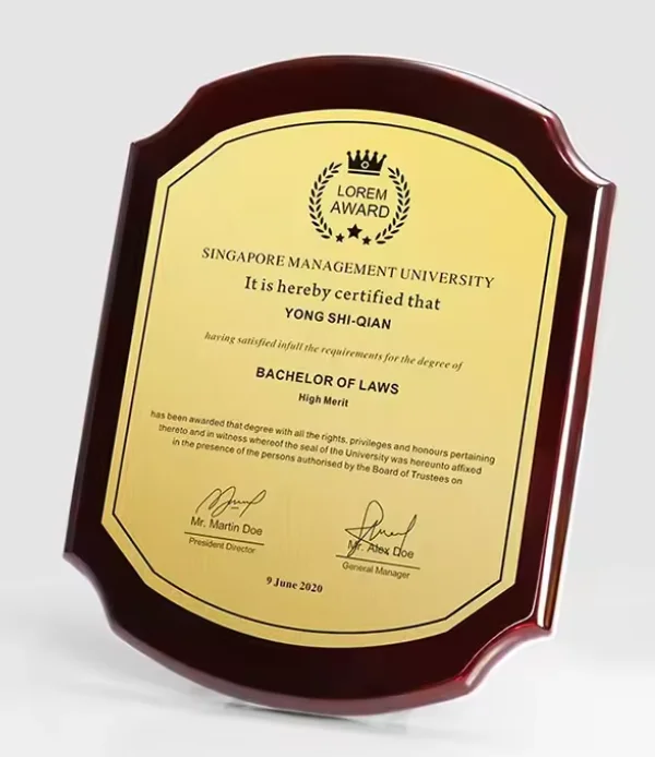 MH-NJ00882 Custom Elliptical shape Gold Silver Black Certificate Trophy engraving Crystal Wooden Business Trophy Award Plaque