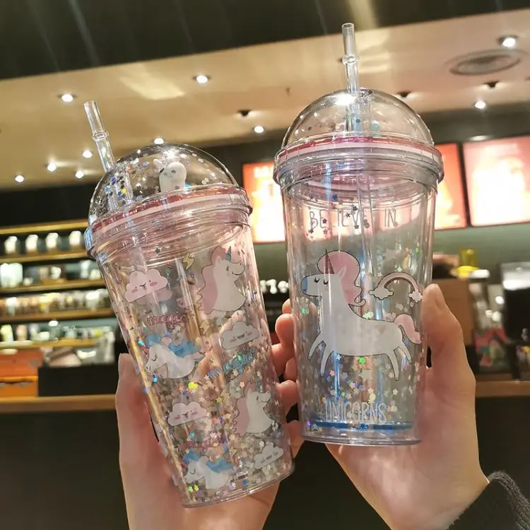 2021 New Summer Cold Straw Cup Cute Sequin Unicorn Water Bottles For Girl