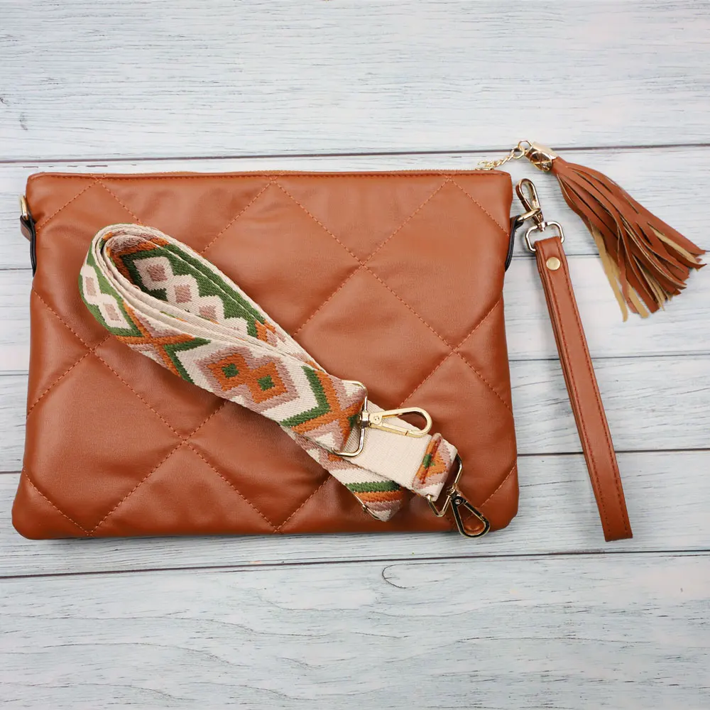 Hot Sale Fashion Rhombus Pattern Women Tassel Clutch Purse Vegan Leather Shoulder Crossbody Bag With Adjustable Guitar Strap