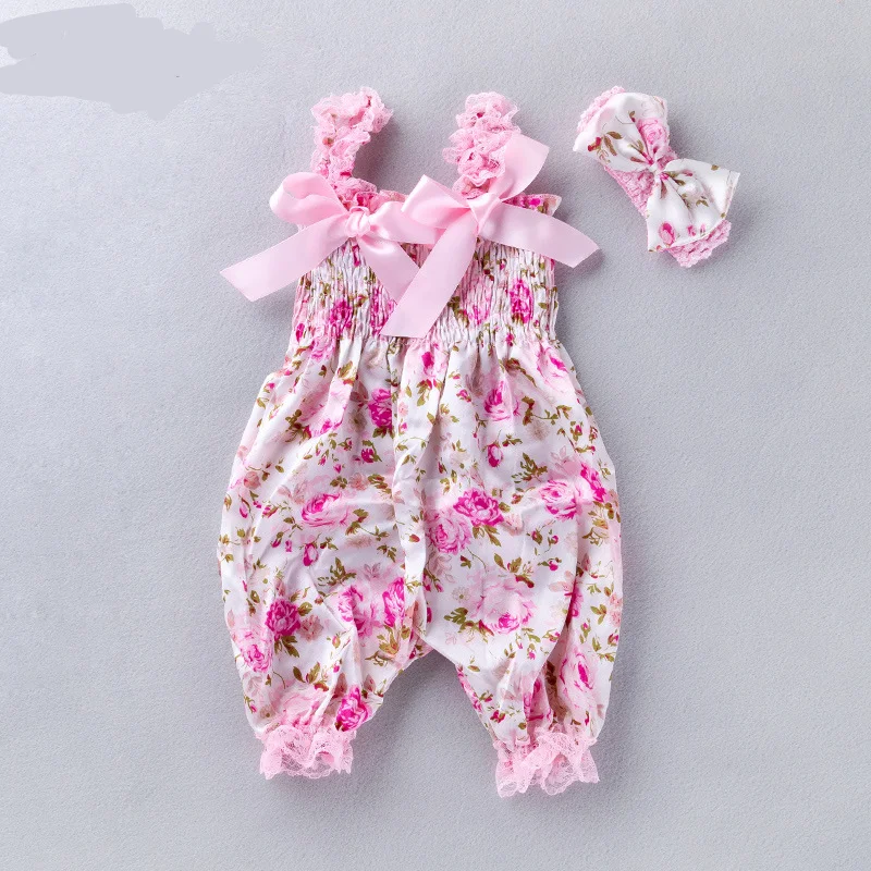 Wholesale Girls Headband Floral Printing Baby Clothes Straps Jumpsuit Long Climbing Clothes Newborn Baby Rompers