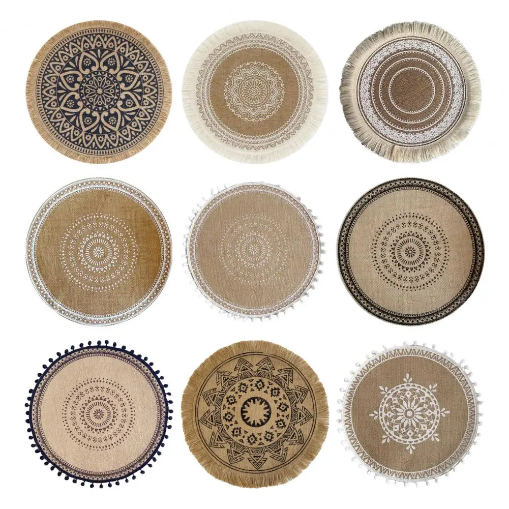 Round Placemats Simple Handwoven Jute Placemats Coasters Vintage Cotton Linen Mats Vase Mats Kitchen Accessories