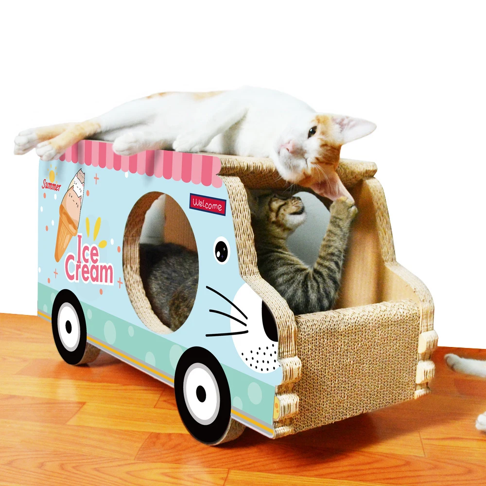 New Design Cat Toys Corrugated Paper Cardboard Cat Scratcher Car Shaped Room House Boxes School Bus Cat Scratcher Nest