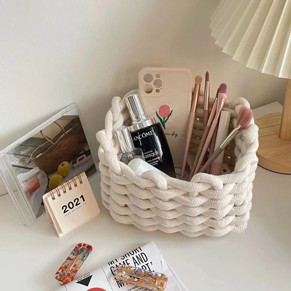 Nordic Cotton Line Hand-woven Storage Basket Coarse Rope Simple Desktop Organizer Box Baby Toy Snack Key Cloth