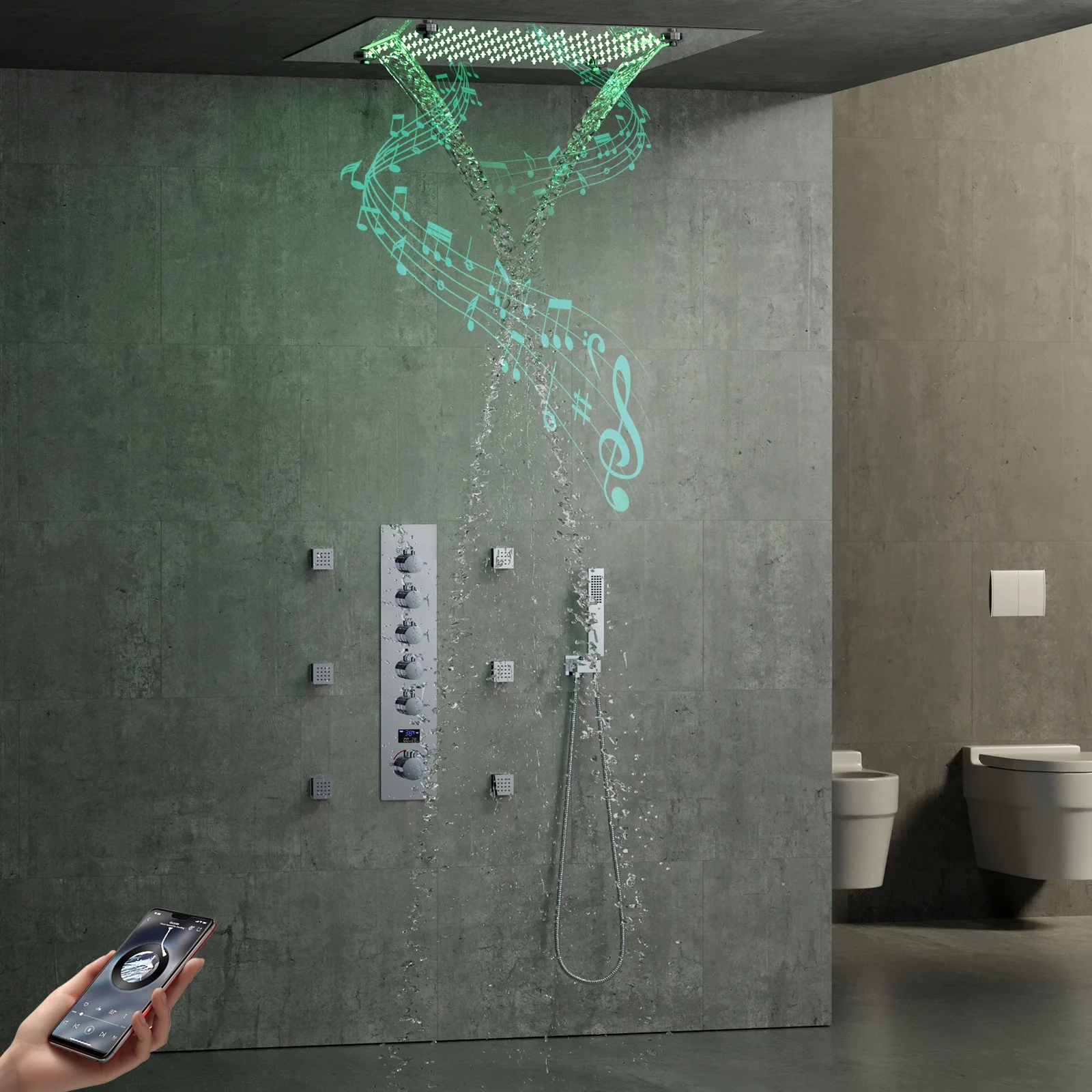 20 inch Music LED Shower Head System Mist Spray Waterfall Rainfall Shower Set Cold and Hot Digital Display Shower Mixer Faucet