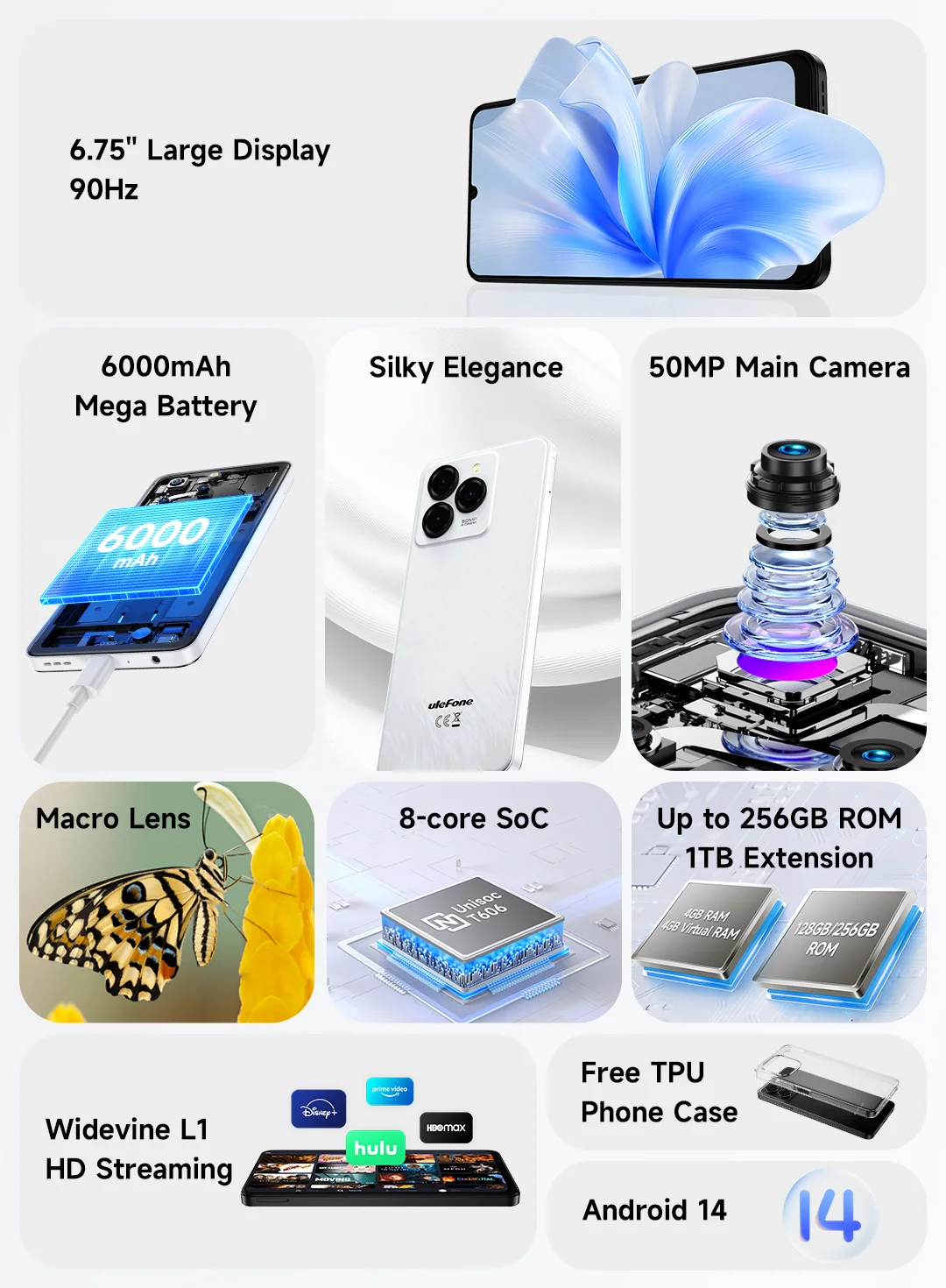 4G Smartphone Android 14 Octa-Core 4+256GB 6000mAh 6.75 Inch 90HZ Display Main 50MP Camera Mobile Phone Ulefone NOTE 20 PRO