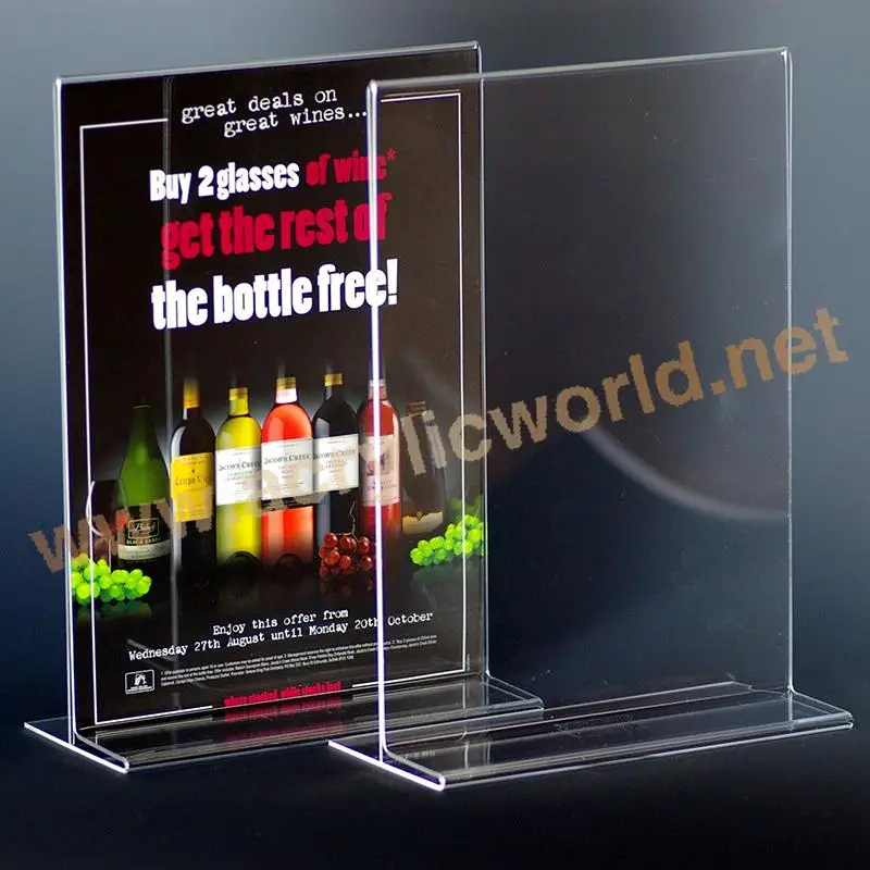 Factory Custom A5 Clear Acrylic T Shape Poster/ Menu/ Sign display stand acrylic menu sign rack