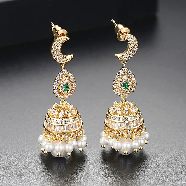 E-2017100514 Sale Well Gold Plated Long Drop Moon Water Drop Zircon Stud Earrings