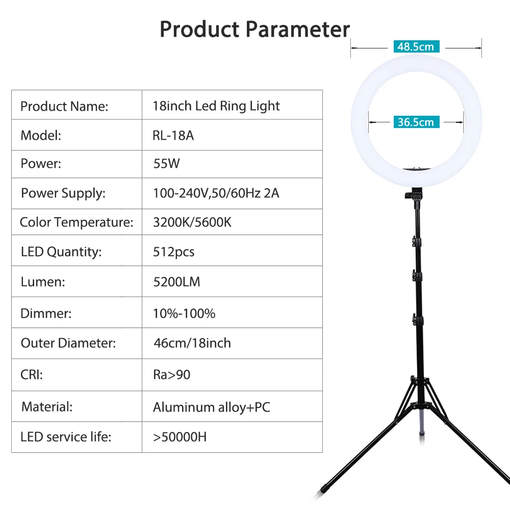 Travor RL-18A Rohs Certification Fill Lamp 18 Inch Led Selfie Ring Light Kit with Tripod Stand and Phone Holder for Video