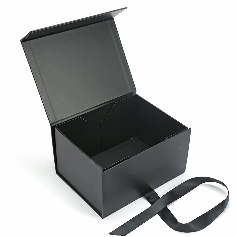 Custom unique hard boxes black packaging box with ribbon