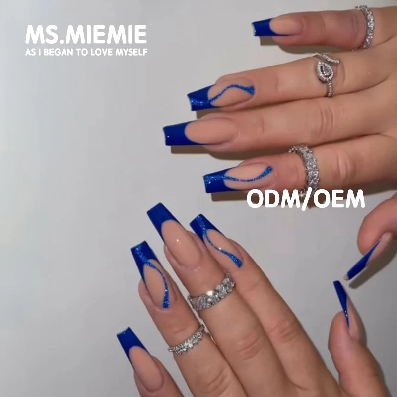 Ms.Miemie 24pcs Blue French Glitter Lines Press on Nails ABS Extra Long Coffin Reusable False Nail Design for Fingers Wholesale