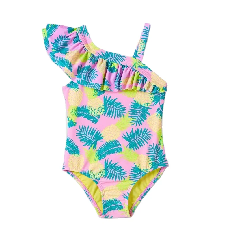 100% Polyester Quick Dry Eco-friendly Asymmetric 10 Year Old Girl In Bikini Halter One Piece Print Pineapple Swimwear Kid Bikini