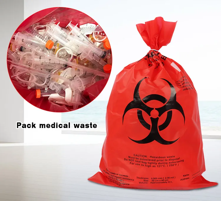 Large red autoclave medical biohazard waste bags disposal