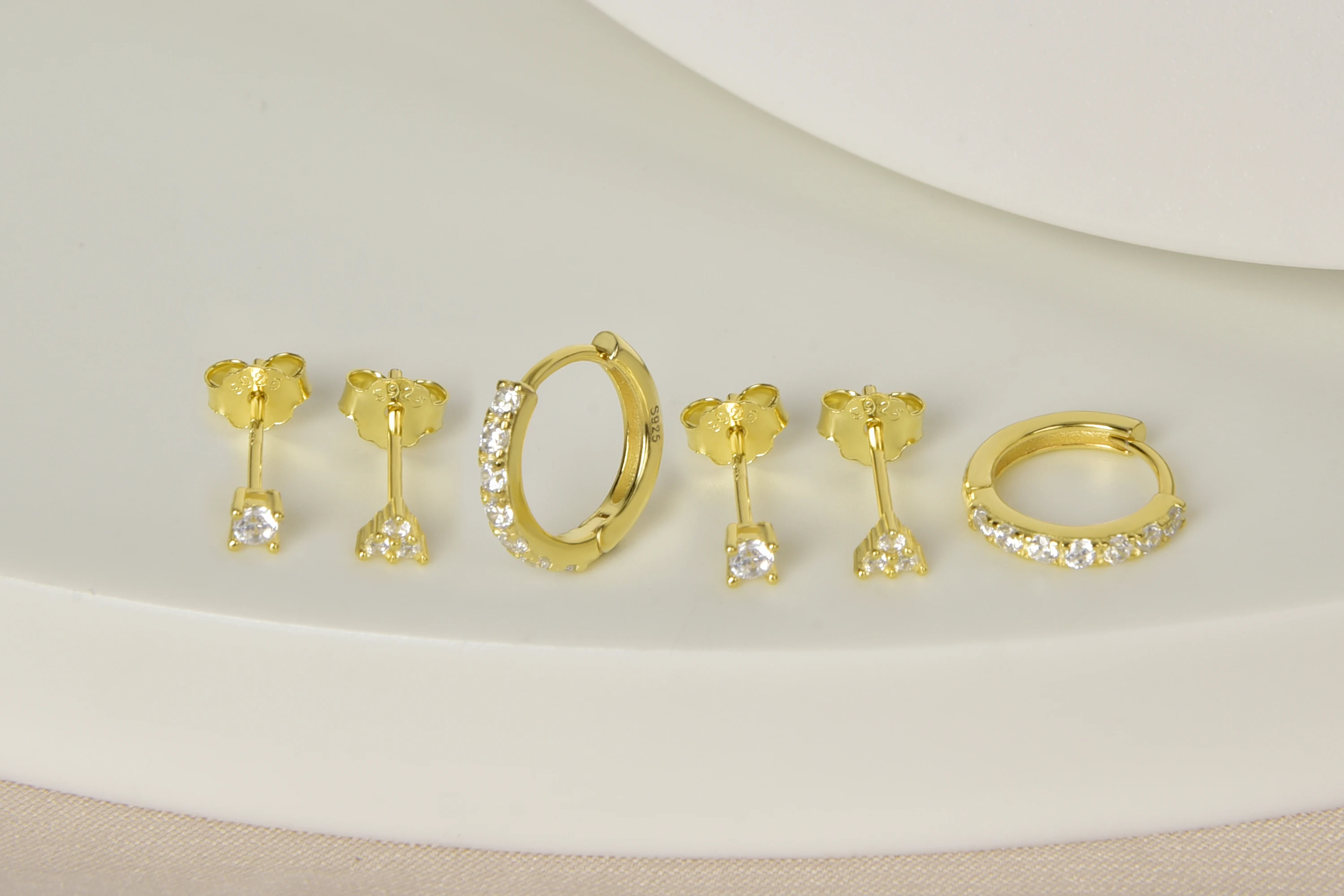 925 Sterling Silver Jewelry  Triangle Turquoise Gold Plated Rhinestone Tiny Stud Hoop Earrings Set Women