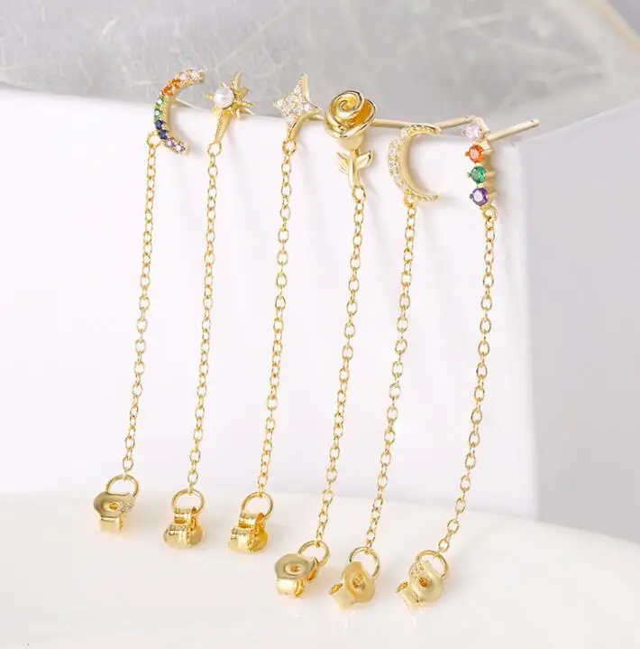 
Ear Piercing Gold Moon Heart Long Chain Stud Earrings For Women Fashion CZ Tassel Huggies Jewelry 2020 