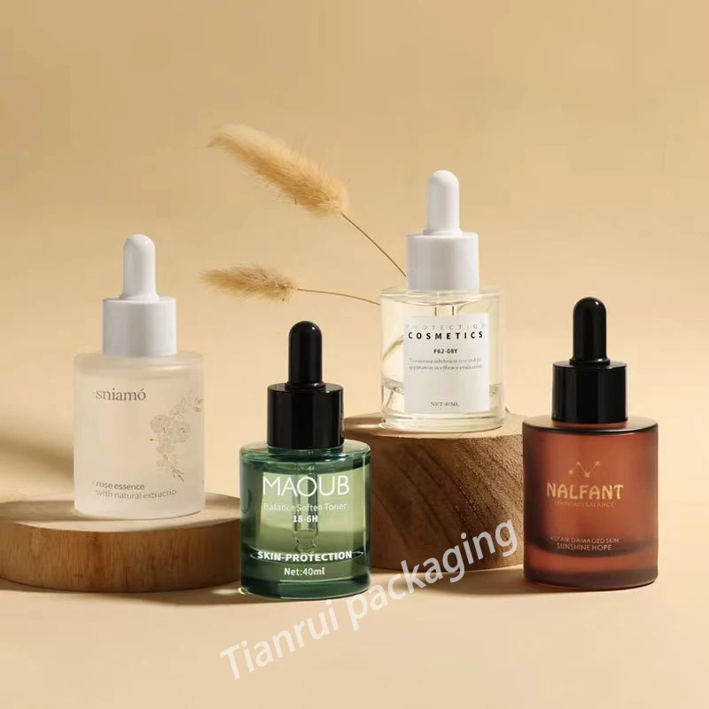 In Stock 40ml Thicken Flat Shoulder Glass Serum Bottles Transparent Cosmetic Essential Oil Dropper Bottle