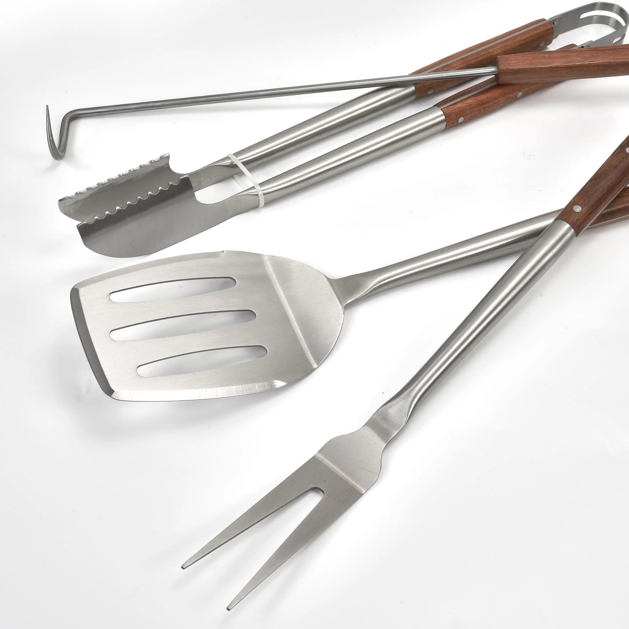 New Arrivals 4 Piece Rose Wood Handle Stainless Steel Barbecue Grill Set