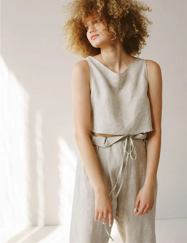 2022 Streetwear Summer Custom OEM Quality Two Piece Crop Top and Wide Leg Pants Linen Sets