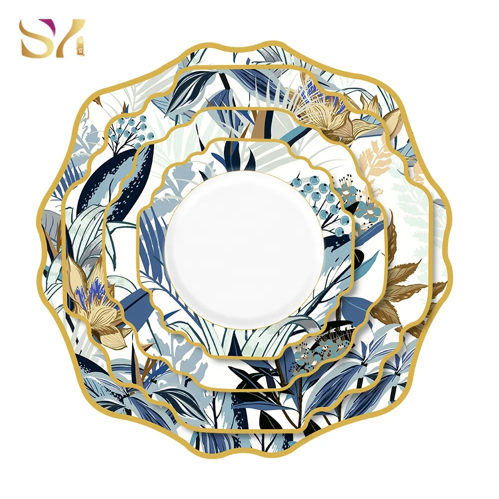 New Arrival Antique Cheap Blue Charger Plates Porcelain  4pcs Plate Set With Gold Rim